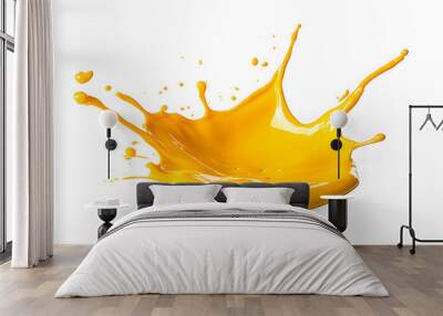 Yellow juice or cheese sauce splash isolated on white background Wall mural