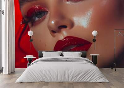 Young woman with bright color eye makeup and red lips creative fashionable photo Wall mural