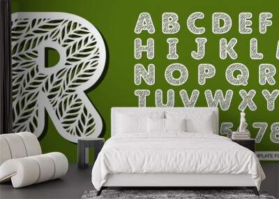 Letter R made of leaves. Eco font for spring, summer, autumn. Theme of plants, nature. White symbol on green background. Template for printing, plotter laser cutting of paper, cnc. Vector illustration Wall mural