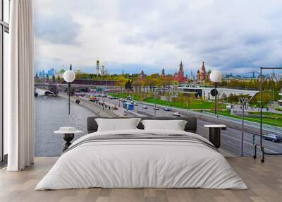 Moscow, Russia - may 2, 2019. Panoramic view of the city center: river, seafront, Kremlin, St. Basil's Cathedral, ancient temples and modern skyscrapers. Copy space. Wall mural