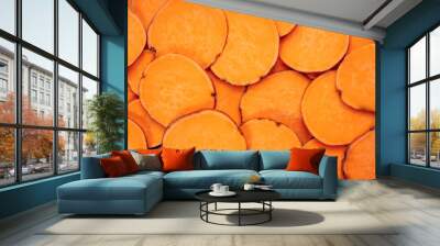 Agricultural Sweet Potato Vegetable Cut Slices. Heap of Dietary Natural Product Orange Batata. Ready Ingredient for Bake, Fry or Boil Staple Meal. Farmland Grocery Nutrition Top View Photo Wall mural