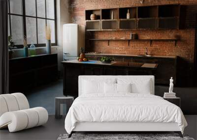 Modern kitchen interior with red brick wall, big window and wooden table Wall mural