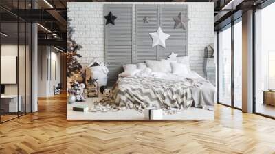 scandinavian Christmas interior with bed and tree Wall mural