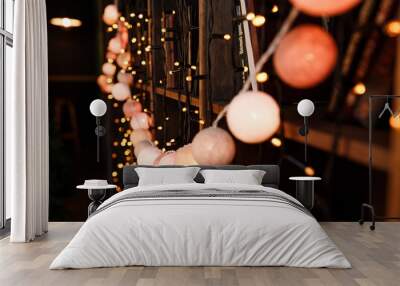 thread ball light bulbs.color light Christmas garland wood backgroundclose-up horizontal view Wall mural