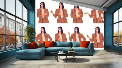 Business women in different poses and with different gestures. Young woman, hands folded, presents, thinks, thumbs up, teaches, shows ok, indicates. Office worker in suit, leader isolated. Flat vector Wall mural