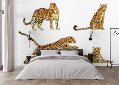 Set of different poses of a leopard, jaguar or cheetah. The predator lies, sits. jumps and stands. African animals in cartoon style. Vector illustration isolated on white background. Wall mural