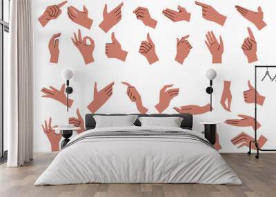 Set of male and female hands with different gestures and positions. Gestures of approval, holding something, pointing, thumbs up, greeting, Ok. Hands in flat table isolated on white background. Vector Wall mural