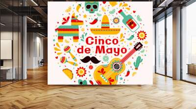 Cinco de Mayo design elements.  Сelebration Mexico, icons set, design element, flat style. Collection objects for Cinco de Mayo parade with pinata, food, sambrero, tequila, cactus Wall mural