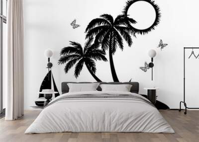 Island with palm and ship silhouettes Wall mural