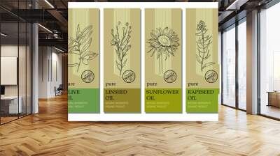 Vector set of labels with organic oil plants sketches: olive, linseed, sunflower and rapeseed. Healthy food, bio, organic, natural product. Design template Wall mural