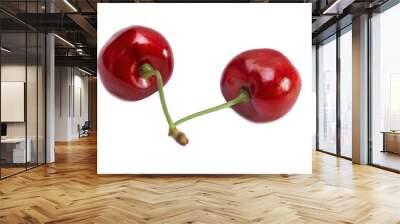 two connected ripe juicy big red cherries Wall mural