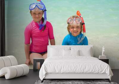 Happy children wearing snorkeling gear  on the beach Wall mural