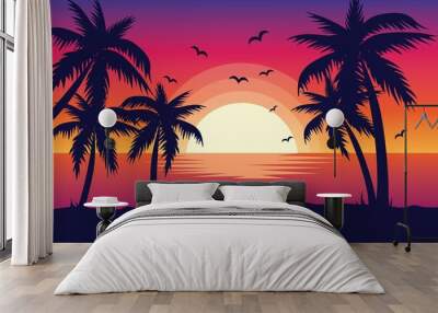 Evening on the beach with palm trees. An evening on the beach with palm trees. Colorful picture for rest. Blue palm trees at sunset. Orange sunset in the blue sky. Vector illustration Wall mural