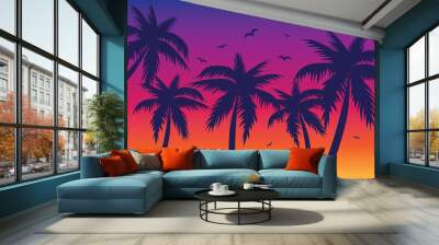 Evening on the beach with palm trees. An evening on the beach with palm trees. Colorful picture for rest. Blue palm trees at sunset. Orange sunset in the blue sky. Vector illustration Wall mural