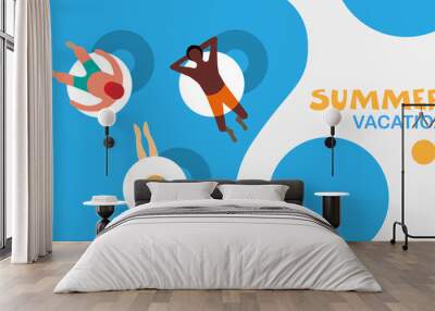 People chilling on the pool float in the swimming pool, enjoy summer and relax. Summer vacation with friends. Vector illustration Wall mural