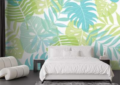 vector light tropical leaves summer hawaiian seamless pattern with tropical green plants and leaves  Wall mural