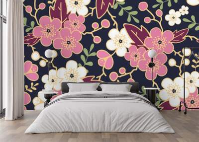 Vector night garden sakura blossoms seamless pattern background Wall mural