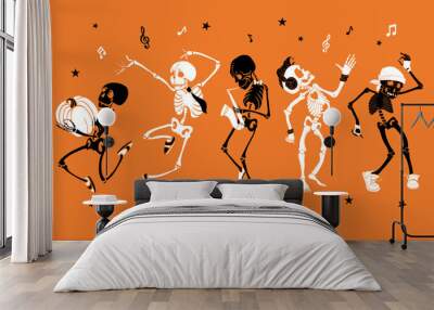 vector orange dancing and musical skeletons haloween set collection. great for spooky fun party them Wall mural