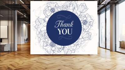 Vector Vintage Navy Blue Vintage Floral Drawing Wedding Thank You Card With Tulips, Poppies, Rozes In Classic Retro  Style Design. Wall mural