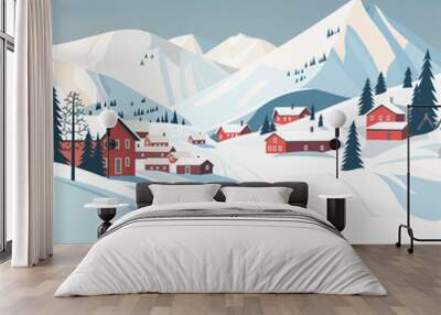 Nature and landscape. Vector illustration of winter landscape against the backdrop of mountains and a ski village. Picture for background, card or cover Wall mural