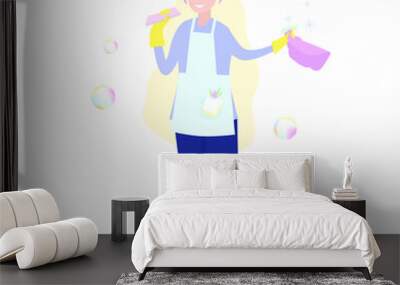 Blond woman. Beautiful cleaning lady with sponge and cleaning agent in a bottle. Vector illustration. Wall mural