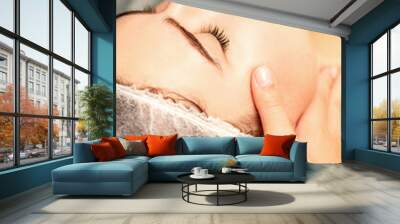 Facial massage. Hands of a masseur massaging neck of a young caucasian woman in a spa salon, the concept of health massage Wall mural