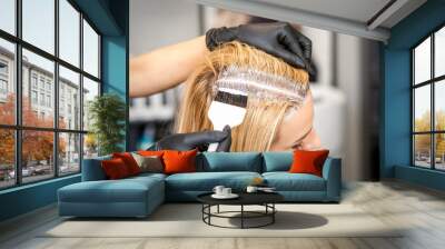 The hairdresser dyeing blonde hair roots with a brush for a young woman in a hair salon Wall mural