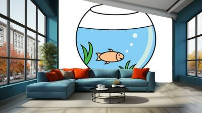 Illustration of a fishbowl with a fish inside on a white background. Illustration of room decoration, fishbowl. Aquarium design element with fish. Living water Wall mural