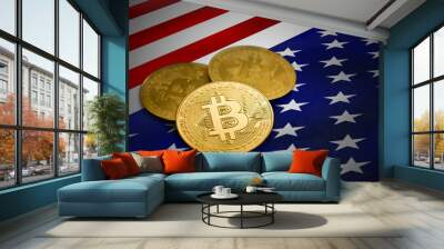 close-up gold colored bitcoin coin on american flag Wall mural