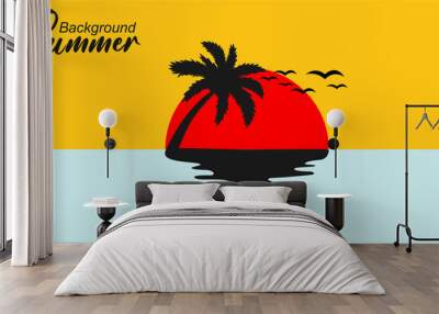 Illustration of a background for Summer Holidays, with a palm tree and a sunset Wall mural