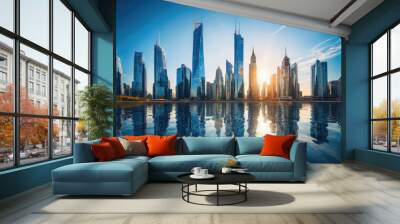 Image of modern smart city skyscrapers, futuristic financial district with buildings and reflections, blue color background for corporate and business template with warm sun rays of light. Wall mural