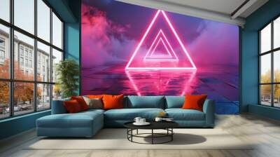 A neon pink and blue triangle is lit up in a dark room Wall mural