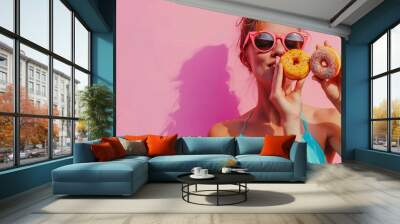 fashion model girl taking colorful donuts Wall mural