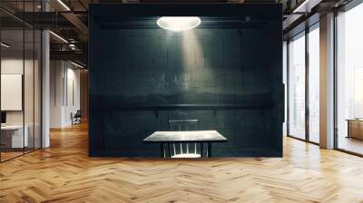 gritty interrogation room with single bright light overhead Wall mural