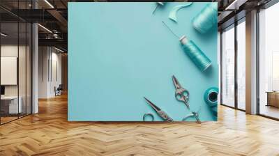 threads and sewing accessories on color background Wall mural