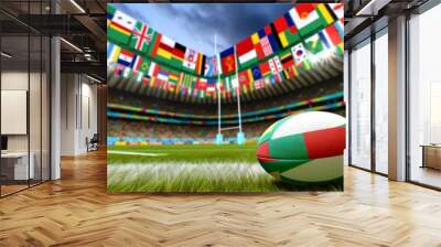 Rugby ball on the green grass of rugby field, with the vibrant colors of the national flags waving in the stadium and tribunes in the background Wall mural