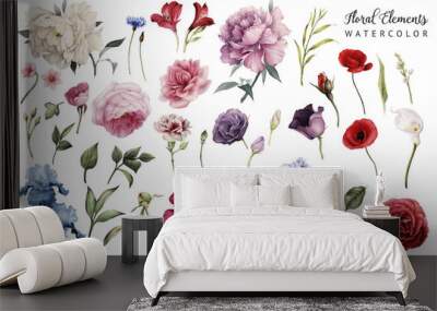 flowers and leaves, watercolor, can be used as greeting card, invitation card for wedding, birthday  Wall mural