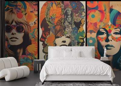 Collage in the style of the 70s. Retro portrait of a woman.A set of posters. Hippie style. Generative AI. Wall mural