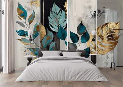 Silhouettes of beautiful plants on canvas.Gold, black, blue and gray colors. Interior painting. Beautiful background. Generative AI. Wall mural