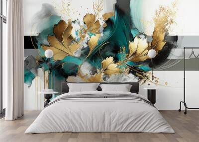 Splashes of bright paint on the canvas.Gold, black, blue and gray colors. Interior painting. Beautiful background. Generative AI. Wall mural