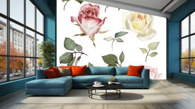 Roses and leaves, watercolor, can be used as greeting card, invi Wall mural