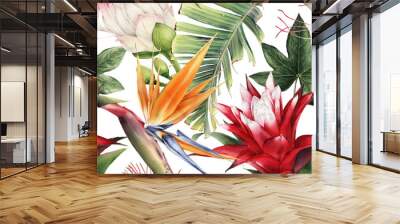 Seamless floral pattern with tropical flowers, watercolor. Wall mural