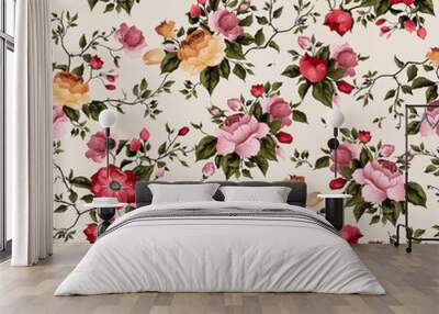 Seamless vector floral pattern with roses on light background Wall mural