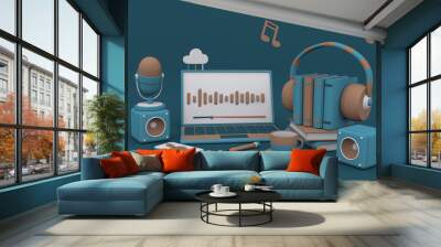 stack of books and audio headphones,near a laptop concept of listening to audiobooks 3d render cartoon on blue beige theme on isolated background Wall mural