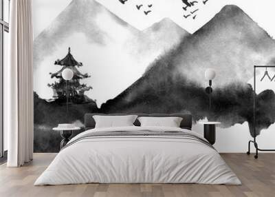 Watercolor chinese landscape Wall mural