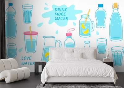 Cute water doodle. Bottle, glass, and decanter of water, water drop, ice cubes, slice of lemon and splash, hand drawn trendy vector illustration icon set.  Wall mural