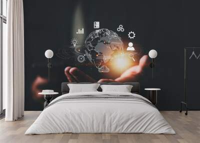 Businessman using smart phone . Global business internet connection application technology and digital marketing. Finance and Banking Digital Link Technology Big Data Wall mural