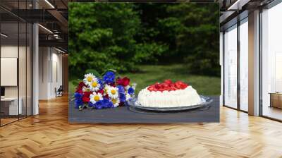 Summer flowers and cream cake Wall mural