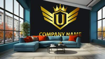 Luxury Letter U Gold Wing with Shield Crown Logo template, Golden Wing Shield Luxury Initial Letter U logo Wall mural