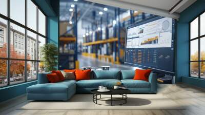 An advanced logistic software interface on a monitor with an operational AGV in the background, underscoring warehouse management innovation. Wall mural